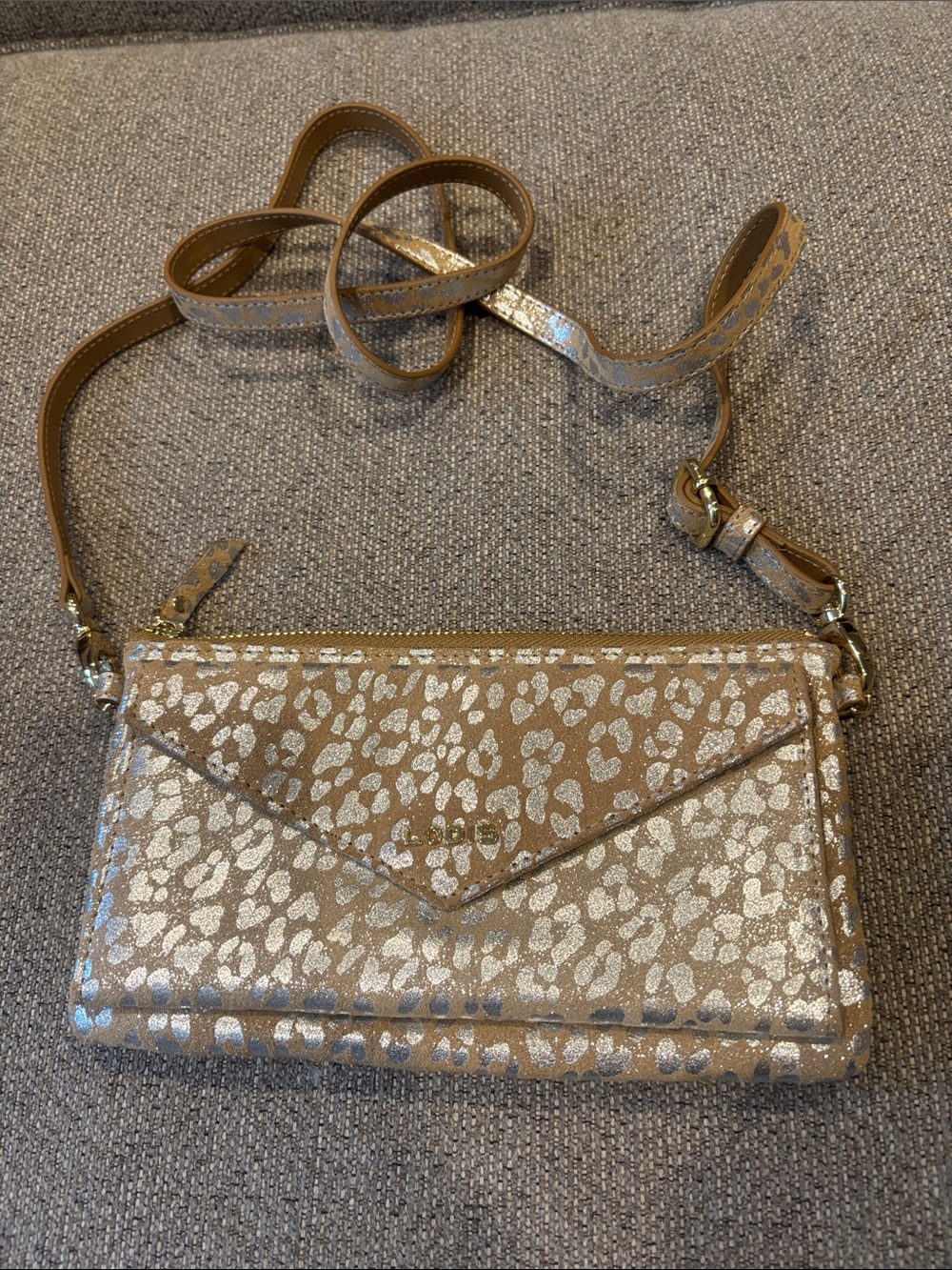 Lodis Tan Metallic Leopard Crossbody Wallet